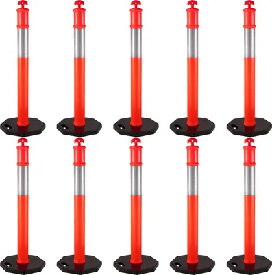 Image de VEVOR Poteaux de délimitation flexibles orange, poteaux en plastique, 12 paquets, poteaux de signalisation en PE avec base en caoutchouc, hauteur 110 cm, poteaux en plastique renforcé avec bande réfléchissante de 10 pouces, poteaux d'avertissement