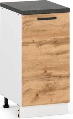 A standalone kitchen cabinet base unit with a wooden front and a dark countertop.