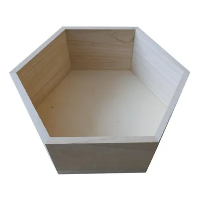 A hexagonal wooden box is shown from a slightly elevated angle against a white background.