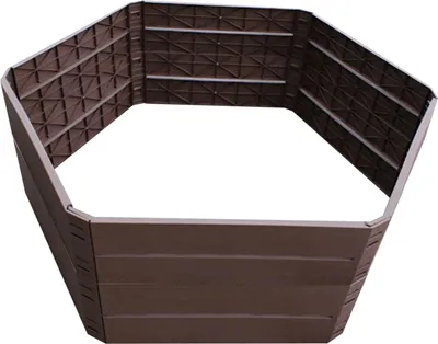 A brown hexagonal raised garden bed, shown from a slightly elevated, diagonal angle.