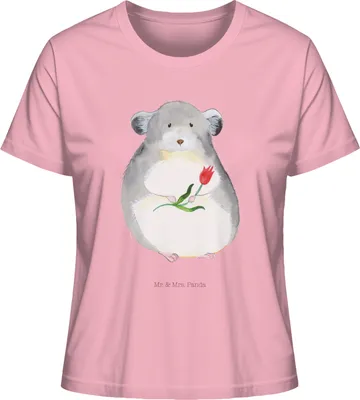Produktbild von Mr. & Mrs. Panda Kurzarmshirt Damen Chinchilla Blume Größe XL - Baumwolle Pink - Geschenk, Chaos, Shirt, Basic, Baumwoll T-Shirt, Glücklichsein, Chinchillas, Lustige Sprüche