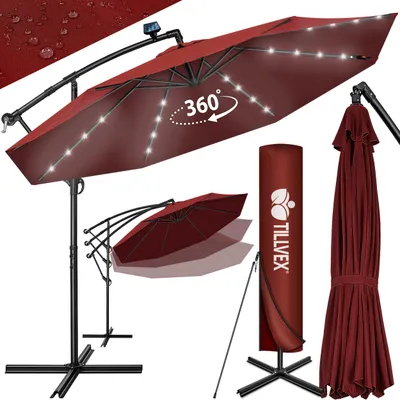 Produktbild von tillvex Alu Ampelschirm Rot LED Solar Ø 350 cm mit Kurbel | Sonnenschirm mit An-/Ausschalter | Gartenschirm UV-Schutz Aluminium | Kurbelschirm mit Ständer Marktschirm wasserdicht, KI-generiertes Bild