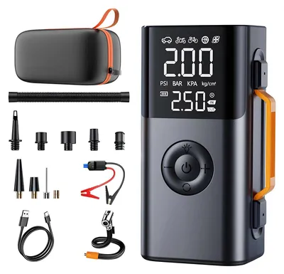 Obrázok produktu pre Powerbank na štartovanie vozidiel – zariadenie na štartovanie 12V – maximálny prúd 1500A – kapacita 10000 mAh – kompresor s výkonom 150 PSI – pumpa na nafukovanie pneumatík – LED lampa