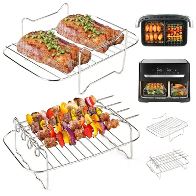 Grillroster für Heißluftfritteuse, 2 Stück, Edelstahl, mit 4 Spießen