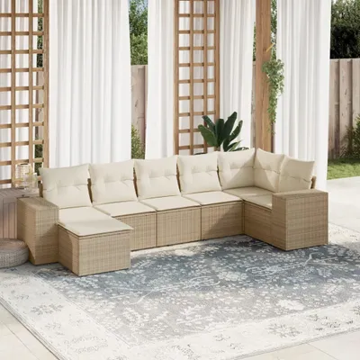Produktbild von Design 7-tlg. Garten-Sofagarnitur mit Kissen Beige Poly Rattan, Gartenmöbel-Sets 2024 Neu