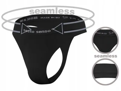 A black men's string underwear is shown with text overlays and close-up views highlighting its features.