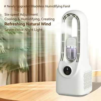 Produktbild von Bladeless Ventilator,Leiser,6 Windstufen,LED Licht,energiesparend,3000mAh Akku,Ideal für Büro und Outdoo,Spray Befeuchter Ventilator,Standventilator