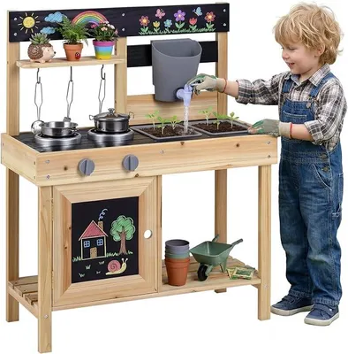Imagen del producto de Silecomplaza: Cocinita de juguete para niños, juego de cocina de madera con depósito de agua, estufa, pizarra y fregadero. Cocinita de juguete para exteriores con accesorios, ideal para niños a partir de 3 años
