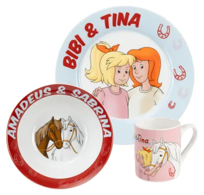 Produktbild von Bibi & Tina Frühstücksset für Kinder - Pferde Geschirr Set 3-tlg. Teller, Schale & Tasse aus Porzellan Rot/Blau