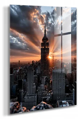 Productafbeelding van STYLER Glaswanddecor 80x120 cm, New York, Empire State Building, zonsondergang, stadsbeeld, decoratie voor woonkamer, slaapkamer, kantoor