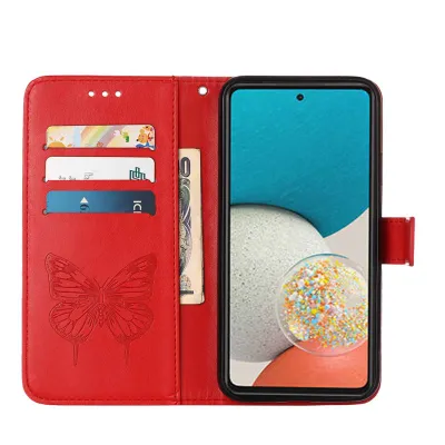 Produktbild von Galaxy A53 5G Hülle, Schmetterling Prägung Flip Leder Kartenfächer Schutzhülle Ledertasche mit Ständer für Samsung Galaxy A53 5G Rot