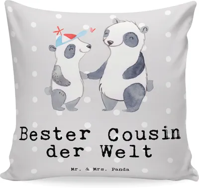 Produktbild von Mr. & Mrs. Panda Kuschelkissen Panda Bester Cousin der Welt - Grau Pastell - Geschenk, Sofakissen, Vetter, Sohn von Onkel, kissen für sofa, 40x40, Cousine, bedruckt