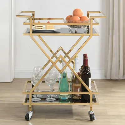 Produktbild von FineBuy Servierwagen Gold mit Glasablagen 65x80x40 cm Moderner Barwagen auf Rollen Getränkewagen & Teewagen Metall Schwarz Gold für Wohnzimmer Küche