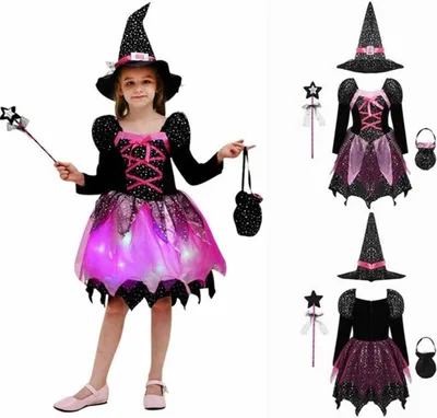Obrázok produktu pre Dievčatá čarodejnice kostým veľkosť 140 cm trblietky kompletný kostým deti s klobúkom kúzelná palička cukrovinky taška Halloween kostým sada Cosplay karneval čarodejnice šaty