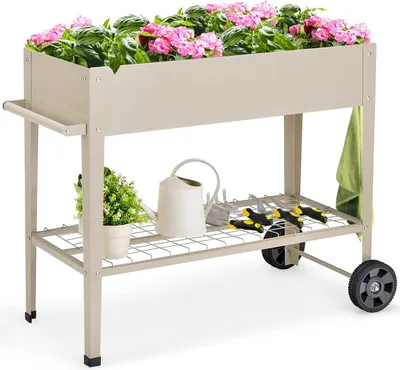 Produktbild von Hochbeet mit Raedern Regal, Erhoehtes Gartenbeet mit Haken Griff, Gemüsebeet Metall, Mobiler Pflanzkasten mit Abfluss, Fahrbares Kraeuterbeet für Balkon Garten Terrasse, 108 × 51 × 80 cm