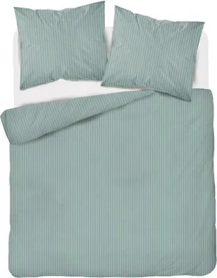 A top-down view of a duvet and two pillows on a bed.