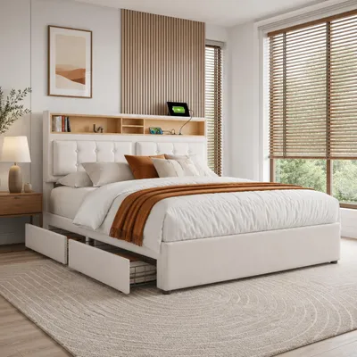 Produktbild von Flieks Polsterbett 140x200cm mit USB und Steckdosen, Jugendbett Doppelbett mit 4 Schubladen, Stauraumbett Massivholzbett mit Lattenrost, Leinen, Beige