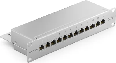 Produktbild von deleyCON CAT 6 Patchpanel Verteilerfeld 12 Port - Desktop 10" Zoll Rackeinbau Servermontage - RJ45 - Geschirmt - TIA568A TIA568B Grau