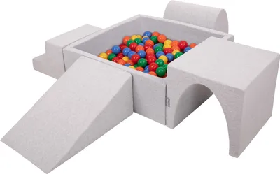 Obrázok produktu pre KiddyMoon Mäkké penové ihrisko pre deti s Štvorec loptičkovým ihriskom (200 ∅ 7 cm) s mäkkými prekážkami a loptičkovým bazénom,  vyrobené v EÚ, Svetlo šedá:Žltá/Zelená/Modrá/Červená/Orang