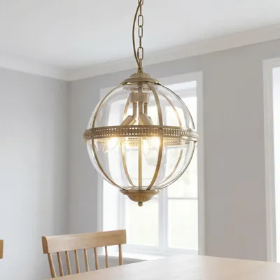 Produktbild von Pendelleuchte Glas Metall E14 rund Ø 32 cm H: max. 120 cm in Messing Antik 3-flammig Kugel Schirm Jugendstil