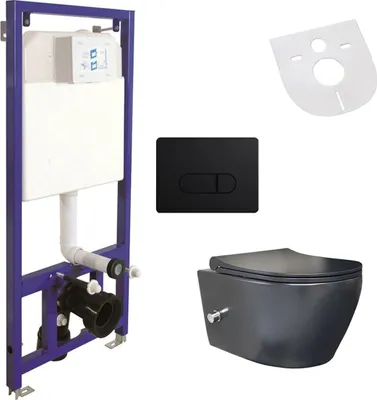 Produktbild von Belvit Spülrandloses Hänge-WC mit Armatur, Deckel, Vorwandelement und Betätigungsplatte Schwarz Matt
