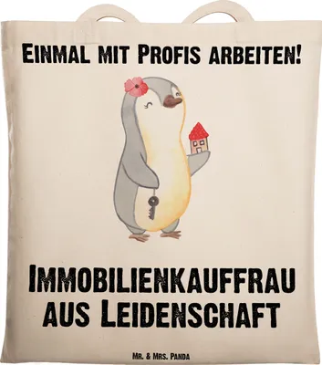 Produktbild von Mr. & Mrs. Panda Jutebeutel Immobilienkauffrau Leidenschaft - Transparent - Geschenk, Witzig, Ausbildung, Tasche, Tote Bag, Immobilienmaklerin, Laptoptasche, Spruch