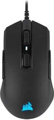 A top-down view of a black gaming mouse on a white background.
