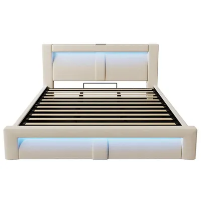 Produktbild von Flieks Hydraulisches Polsterbett 180x200cm mit USB- & Type-C-Ladeanschlüsse, Jugendbett Doppelbett mit Led, Stauraumbett Samt, Beige