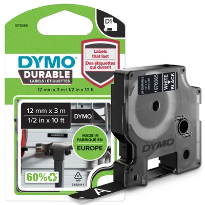 Produktbild von DYMO Original D1 Hochleistungs-Etikettenband | weiß auf schwarz | 12 mm x 3 m | permanent haftendes Vinyl- Schriftband | für LabelManager-Beschriftungsgerät