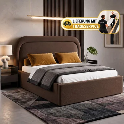 Produktbild von Polsterbett 140x200 cm mit Bettkasten BONIA, Stauraum und Metall-Lattenrost – Bouclé Stoff Braun
