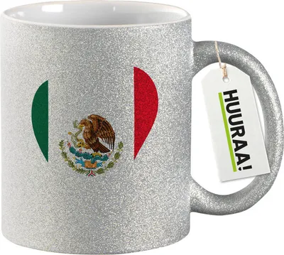 Produktbild von Huuraa Glitzertasse Mexiko Flagge Herz 330ml Silber Keramik Kaffeebecher Geschenkidee