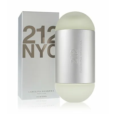A bottle of Carolina Herrera 212 NYC eau de toilette and its packaging are displayed against a white background.