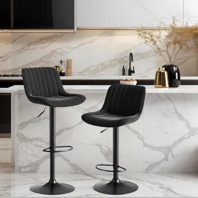 Produktbild von MODFU Barhocker 2er-Set,Drehstühle mit 360°-Schwenkfunktion,Bürostuhl mit höhenverstellbar Rückenlehne und Fußstütze,Samt,Schwarz