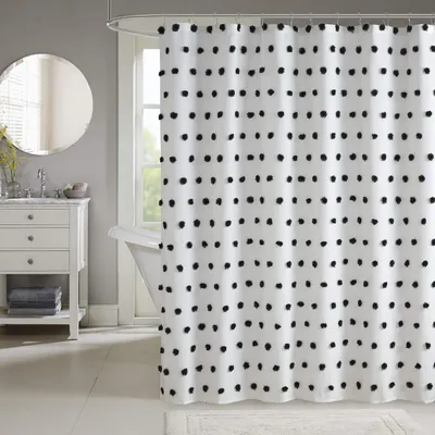 Productafbeelding van Trendy Douchegordijn met Getextureerde Pompons - Moderne Badkamerinrichting - 182,9 x 182,9 cm - Zwart/Wit