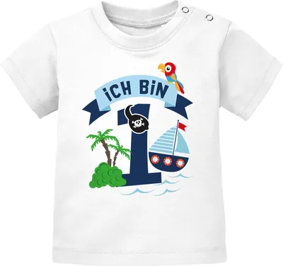 Produktbild von Baby T-Shirt 1. Geburtstag Ich bin 1 Pirat Jungen Geburtstagsshirt kurzarm Baumwolle MoonWorks® weiß 80/86 (10-15 Monate)