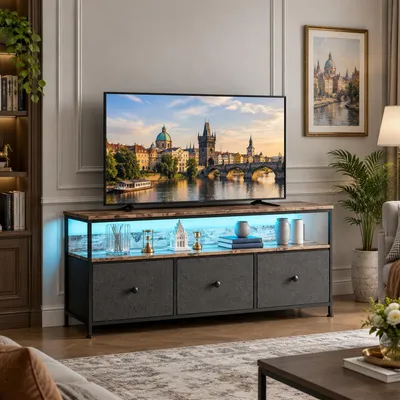 Produktbild von INONEFT TV-Schrank mit 3 Stoffschubladen und LED, 108x30x57cm TV-Lowboard mit offenem Fächern und Metallrahmen, TV Sideboard für Wohnzimmer, schwarz