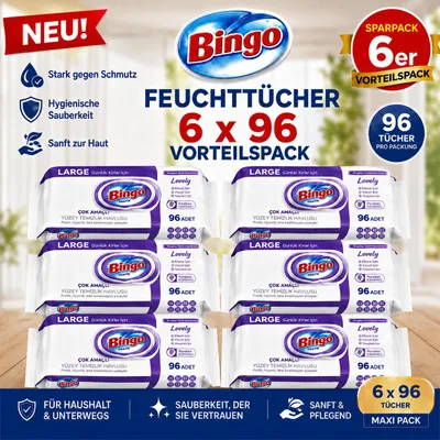 Zdjęcie produktu dla Chusteczki nawilżane Bingo o zapachu lawendy, 6 x 96 sztuk – opakowanie ekonomiczne