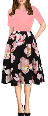 Produktbild von oxiuly Damen Vintage Patchwork Taschen Puffy Schwingen Beiläufiges Party-Kleid g