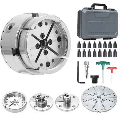 Image de Mandrin SucceBuy de 4 pouces avec filetage 1 pouce x 8 TPI et adaptateur, jeu de 5 mâchoires (ronde, plate, étagée, à pointe), surface nickelée, avec mallette de transport pour tours à bois