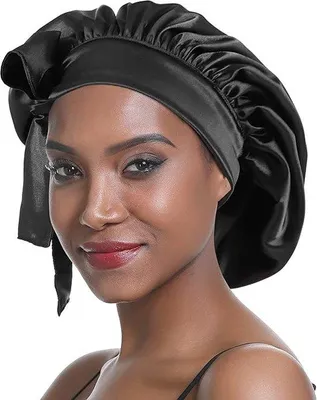 Produktbild von Unyqoos® Satin-Schlafhaube, doppellagig mit breitem seidigem Band und elastischem Saum – Premium Satinstoff, Ø ca. 35 cm, für Frauen mit langem & lockigem Haar, Größe L‑XL