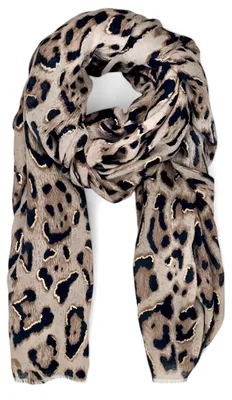 Produktbild von styleBREAKER Damen Schal mit Leoparden Muster und goldenen Metallic Akzenten | weiches langes Tuch mit kurzen Fransen 180 x 88 cm