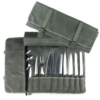 Produktbild von Messerrolltasche mit 11 Fächern, Kochmesser-Tasche aus 16oz gewachstem Canvas, wasserdicht & sicher, tragbare Rolltasche für Küche, Camping & Geschenk