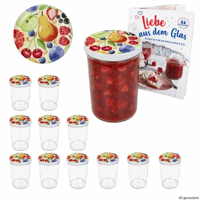 Immagine prodotto di Set da 12 barattoli di vetro da 435 ml con coperchio decorato con motivi a frutta in stile fumetto