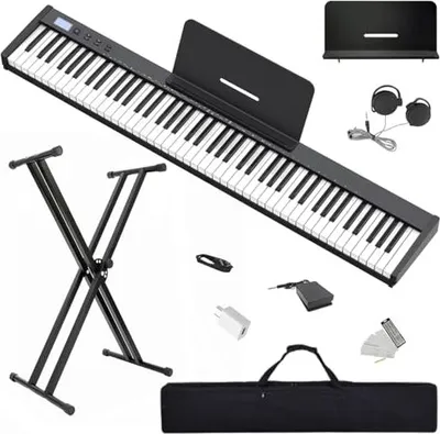 Produktbild von Keyboard Piano Set Stand: Longeye 88 Taste Electric Piano, halbgewichtig, kompakt tragbar, Tragetasche, Musikständer nachhaltig, schwarz (Slim-88)