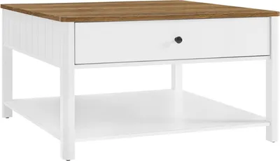A white coffee table with a wooden top and a single drawer is shown against a white background.