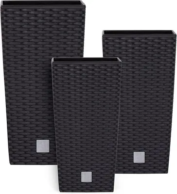 Produktbild von Topf Set 3 x Pflanztöpfe Kübel Rattan Hohes H 55 61 75 cm Anthrazit Kunststoff mit Pflanzeinsatz Quadrat