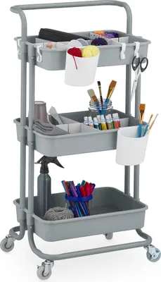 Image de Chariot Relaxdays, 3 étages, chariot de service, chariot de cuisine pour la salle de bain et le bureau, étagère à roulettes, D x l x H : 86 x 42,5 x 36 cm, chariot de bricolage, gris