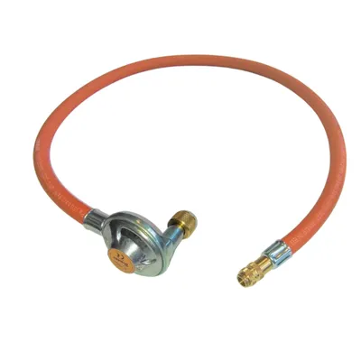 Zdjęcie produktu dla Wąż gazowy propan-butan Zatechs 1 m 20 bar Ø9 mm z reduktorem Bradas 37 mBar, gwintem 3/8", przyłączem 3/8" + szybkozłączką (muffą) do butli gazowej