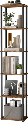 A tall, narrow shelving unit with multiple shelves, displaying various decorative items and books.