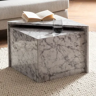 Produktbild von WOHNLING Couchtisch 2er Set MONOBLOC Weiß Hochglanz Sofatisch mit Marmor Optik Satztisch Eckig Wohnzimmertisch Ineinanderschiebbar Lounge